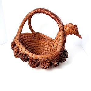 Vintage Hand Crafted Folk Art Figural bird baskets with pinecone embellishments